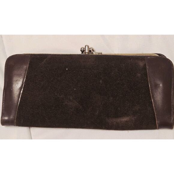 Vintage Baronet Brown Suede Leather Kiss Lock Clutch Change Purse Wallet No Box - Picture 1 of 7
